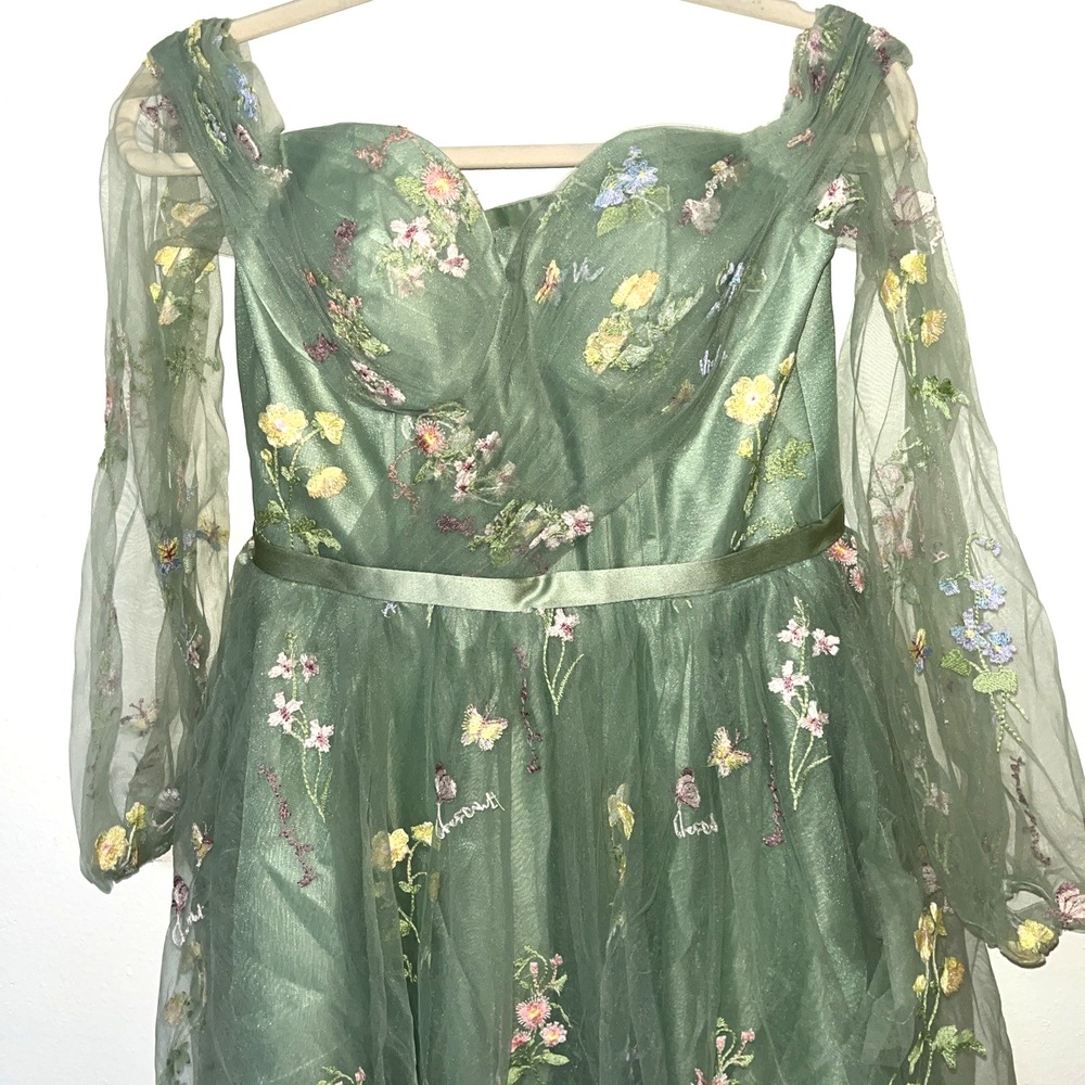 Fairytale Floral Green Tulle Long Sleeve Party Dress Size 8 Flowers Butterfly - Picture 5 of 10